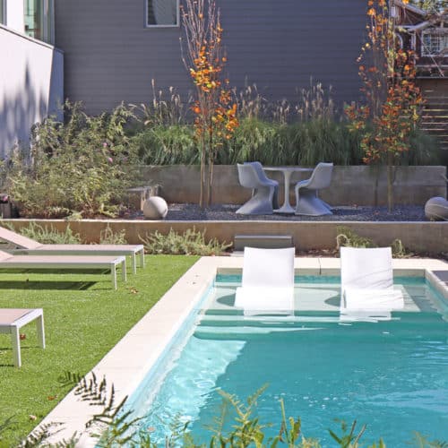 Terraced backyard with swim spa